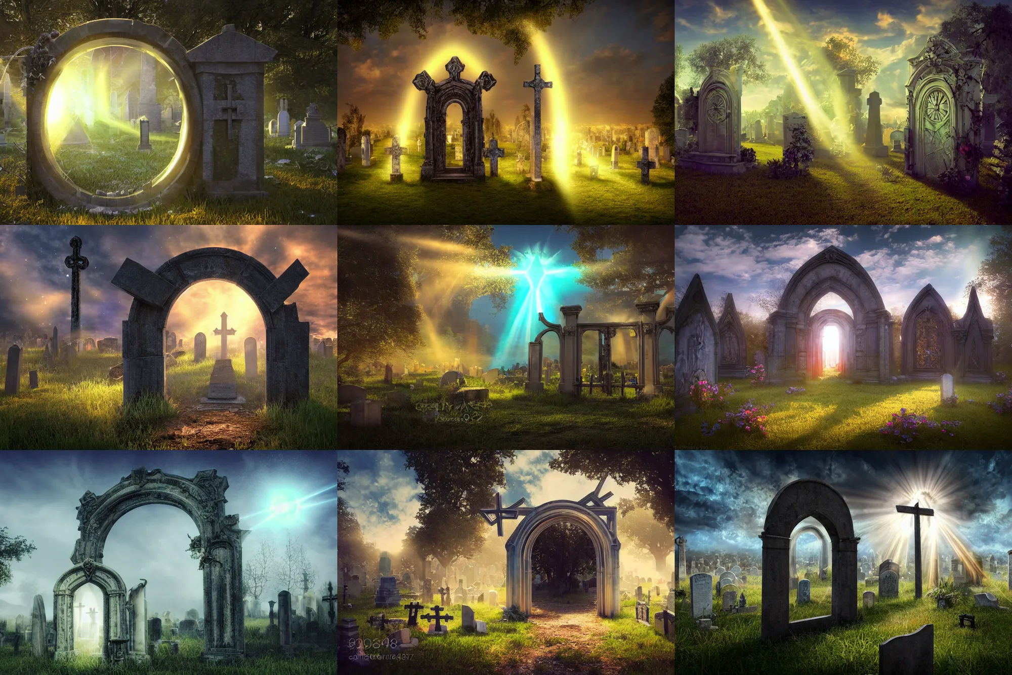 Prompt: photograph of a portal portal to bright heaven in a graveyard graveyard, crosses, cinematic, tyndall effect, sunlight, god rays, global illumination, hypermaximalist, detailed, landscape 4k, 8k, breathtaking stars, surrealism, distant, concept art, digital art, sharp focus, mystic hues, acid pixie, RTX, octane render, Trending on DeviantArt, by lee madgwick