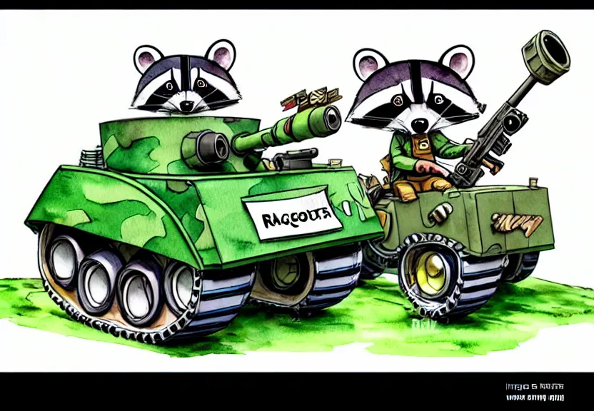 Image similar to cute and funny, racoon wearing army helmet riding in a tiny tank with large cannon, ratfink style by ed roth, centered award winning watercolor pen illustration, isometric illustration by chihiro iwasaki, edited by range murata