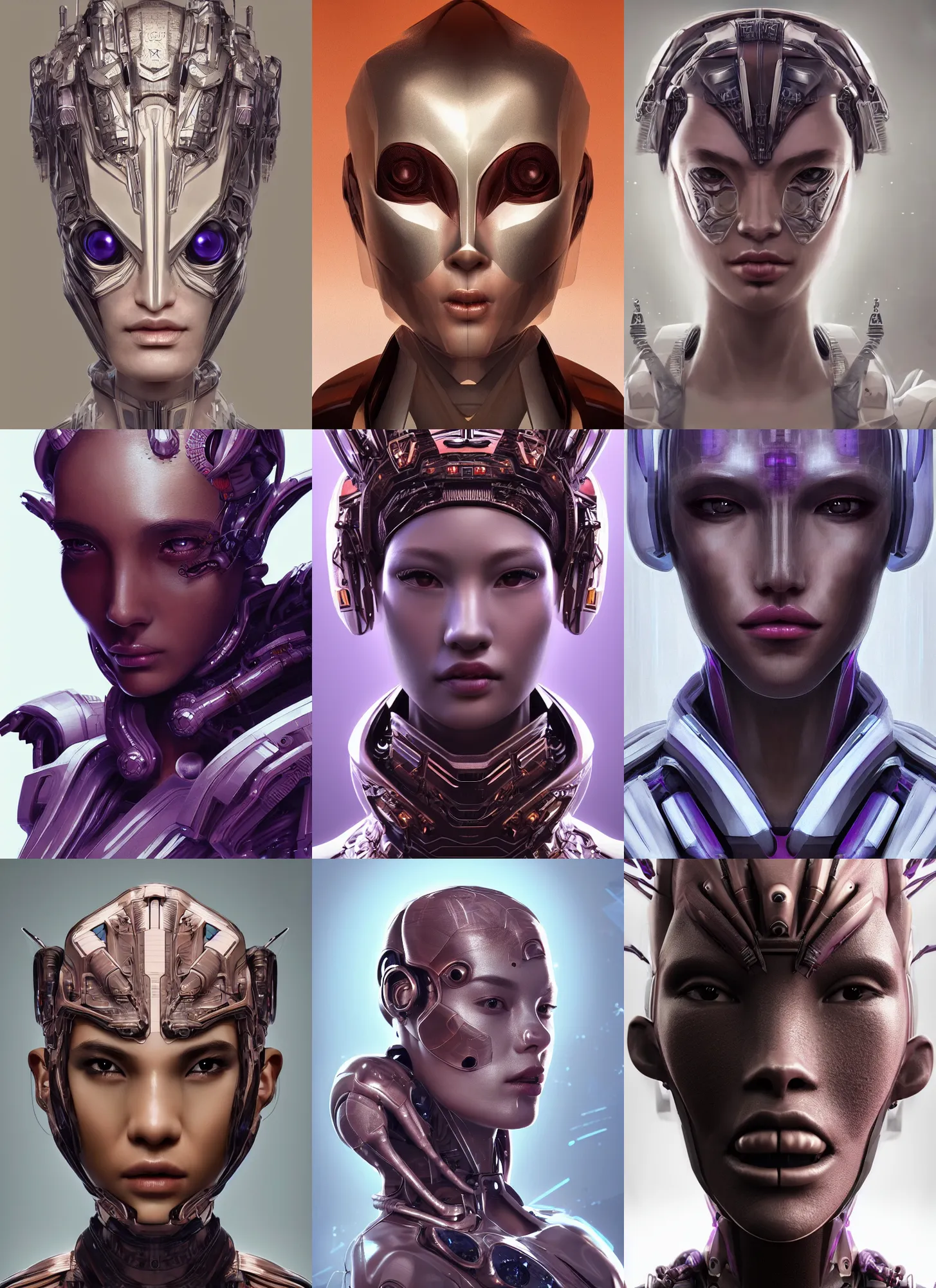 Image similar to beautiful portrait of an alien cyborg, style of Feng Zhu, Artstation geometric, aesthetic, smooth skin, unique features, symmetrical, intricate crown, high fashion, streetwear, cyberpunk, detailed, octane render, cinematic, 8k, purple skin, brown skin