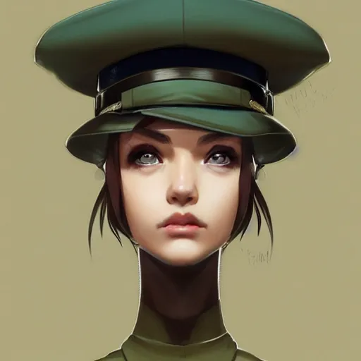 Prompt: symmetrical portrait bust of young woman with shoulder length light brown hair and hazel eyes dressed in a sharp dark teal military uniform and beret, anime, ilya kuvshinov, greg rutkowski, guweiz, ross tran, loish, svetlana tigai, artgerm, artstation trending, concept art, digital painting, painterly