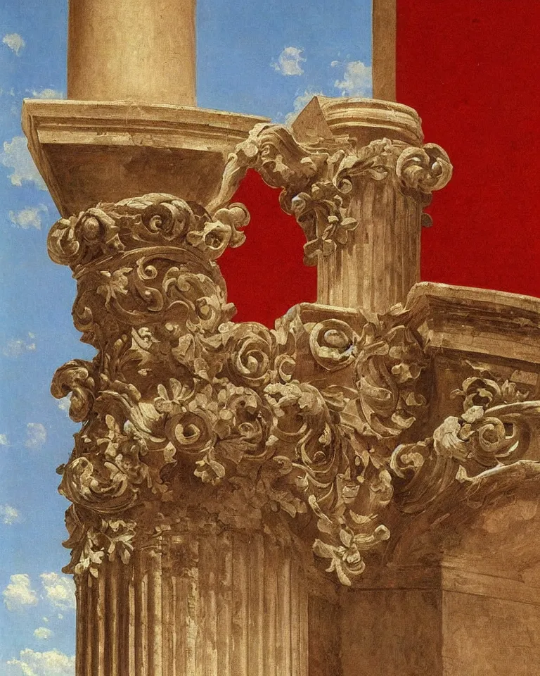 Image similar to achingly beautiful painting of intricate ancient roman corinthian capital on ruby background by rene magritte, monet, and turner. giovanni battista piranesi.