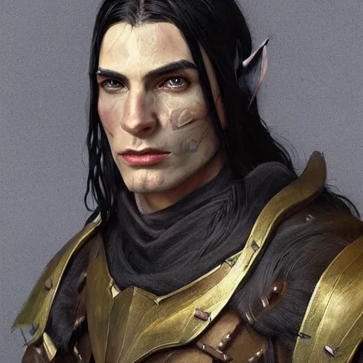 Image similar to character design, portrait of a attractive half elf half orc male with long black hair and proeminent cheekbones, medieval, dark armor, painting by wlop, nixeu and greg rutkowski, beautiful, cgsociety, semirealism, artstation, octane render, sharpness, 8 k, golden ratio