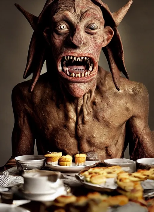 Image similar to closeup portrait of a medieval goblin eating cakes in the cloisters, depth of field, zeiss lens, detailed, symmetrical, centered, fashion photoshoot, by Annie Leibovitz and Steve McCurry, David Lazar, Jimmy Nelsson, Breathtaking, 8k resolution, extremely detailed, beautiful, establishing shot, artistic, hyperrealistic, beautiful face, octane render