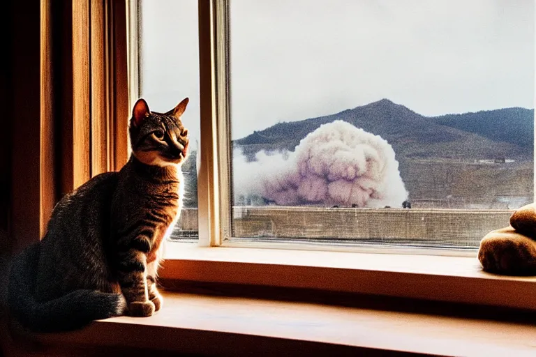 Prompt: cat sitting on the windowsill wrapped in a plaid plaid, Mushroom cloud far behind