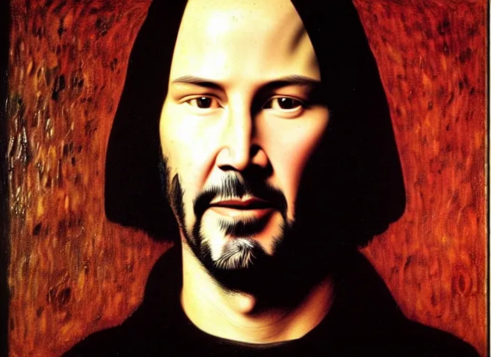 Image similar to portrait of keanu reeves, oil painting by jan van eyck, northern renaissance art, oil on canvas, wet - on - wet technique, realistic, expressive emotions, intricate textures, illusionistic detail