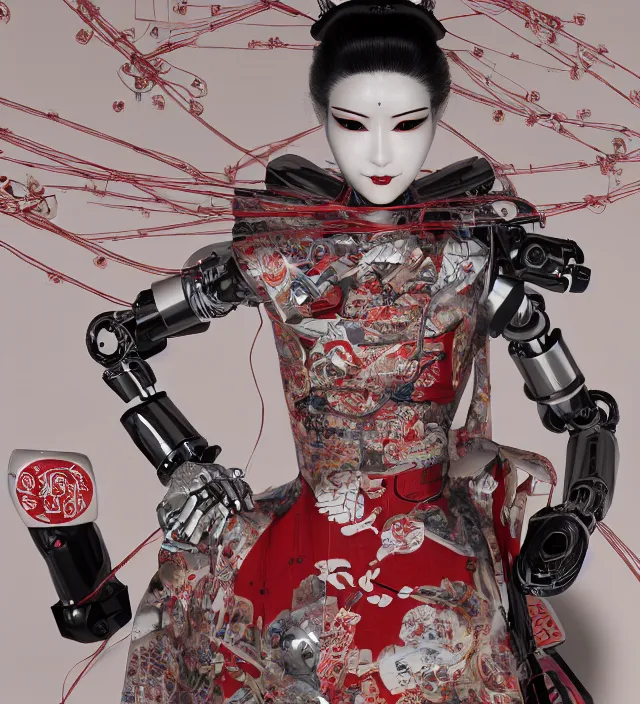 Prompt: full body portrait of a beautiful japanese robotic geisha with wires and kanji tattoos and decals, dramatic lighting, hyper - realistic, ultra - realistic, intricate details, japanese model, 8 k ultra high definition, octane render