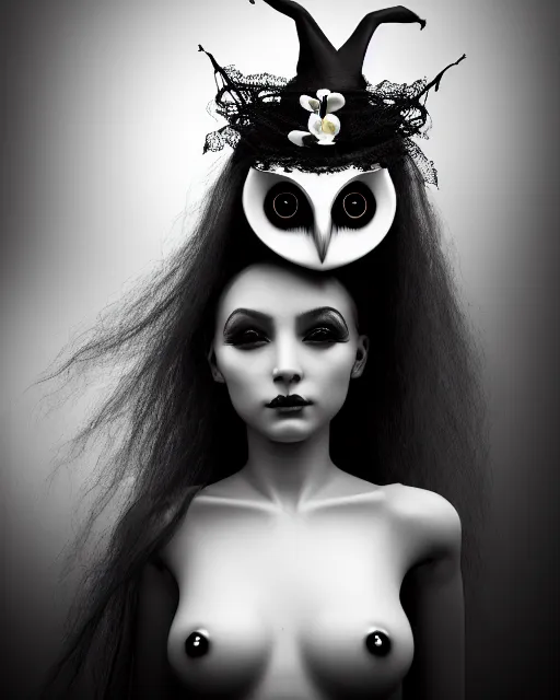 Image similar to surreal mythical dreamy dark artistic black and white fine art 3 / 4 fashion portrait photo of a young beautiful delicate female robot - witch - owl with orchid - doll face, rim light, cinematic, studio dramatic light, poetic, masterpiece, octane render, 8 k, photo - realistic by gustave dore hg giger