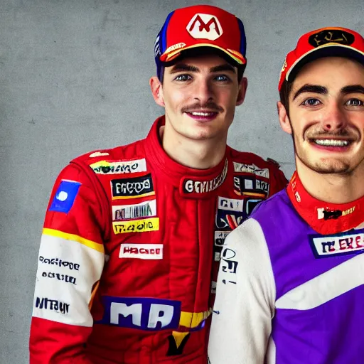 Prompt: Portrait of Max Verstappen as Waluigi and Charles Leclerc as Mario, nintendo, high detail, realism, 4k