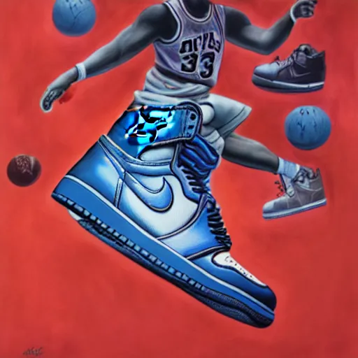 Prompt: A beautiful, surreal, hyperdetailed portrait painting of a Air Jordan 1 wearing Michael Jordan as a shoe in the style of Fewocious, hyperrealistic, 8K, HD, trending on artstation