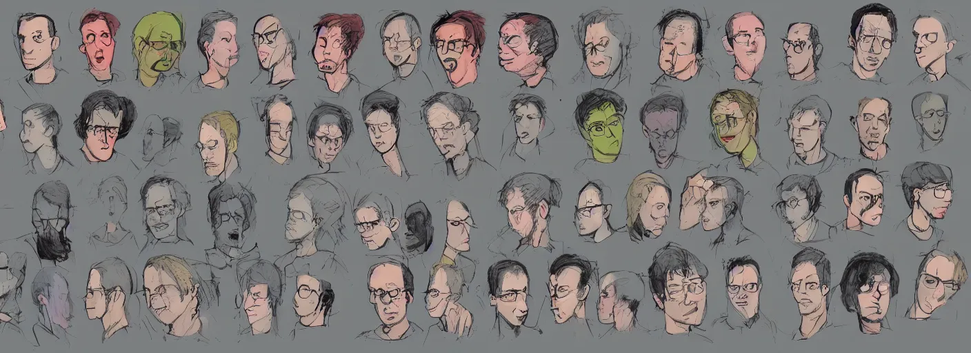 Prompt: colored character face study of todd solondz thinking, clear faces, screenwriter, introvert, outsider, emotional, character sheet, fine details, concept design, contrast, by gabriel hardman, joe alves, j. todd anderson, chris bonura, trending on artstation, 8 k, full body and head, turnaround, front view, back view, ultra wide angle