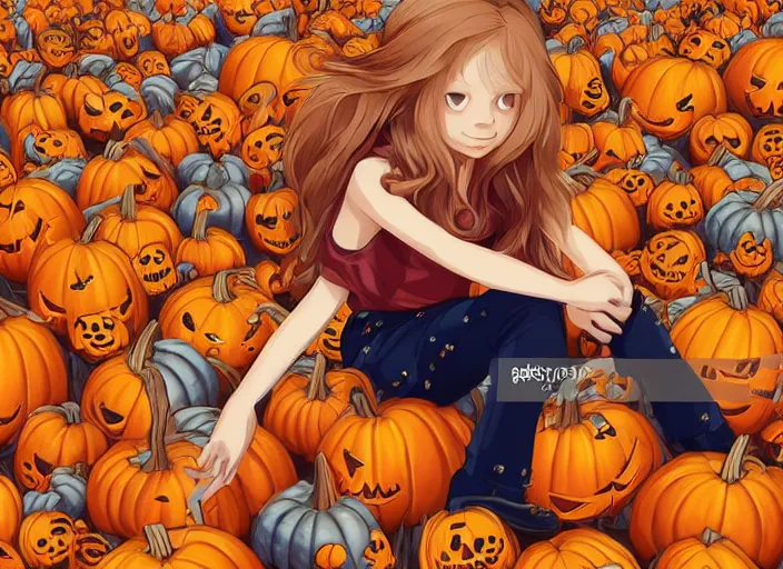 Image similar to little girl with long golden blonde hair sitting on a pile of halloween pumpkins and skulls. clean cel shaded vector art. shutterstock. behance hd by lois van baarle, artgerm, helen huang, by makoto shinkai and ilya kuvshinov, rossdraws, illustration, art by ilya kuvshinov