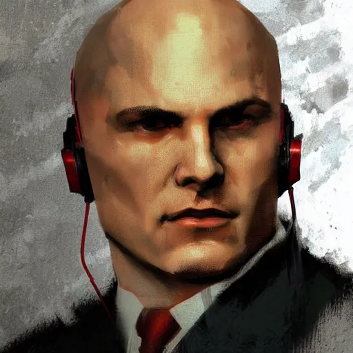 Image similar to a portrait of agent 4 7 from hitman wearing headphones, dark background, red rim light, digital art, artstation, art by yoji shinkawa