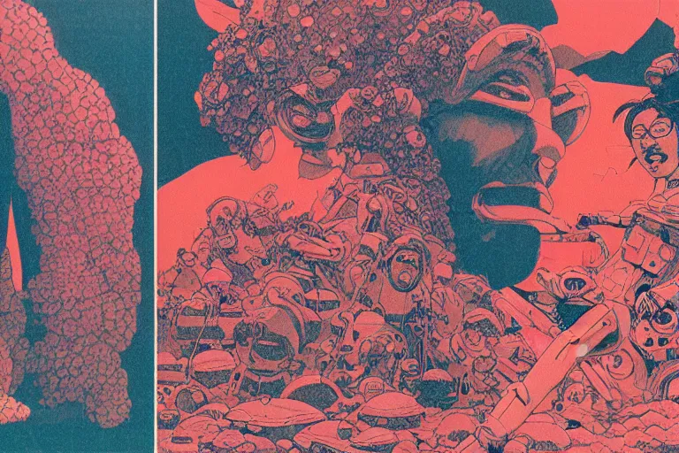 Image similar to risograph grainy drawing vintage sci - fi, satoshi kon color palette, gigantic gundam full - body covered in dead coral reef, 1 9 8 0, kodachrome, natural colors, comicbook spreadsheet, codex seraphinianus painting by moebius and satoshi kon and dirk dzimirsky close - up portrait