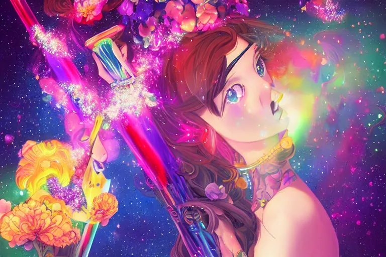 Prompt: psychedelic, whimsical, anime, 4k, beautiful lusty woman smoking a bong, with professional makeup, long trippy hair, a crystal and flower dress, sitting on a reflective pool, surrounded by gems, underneath the stars, rainbow fireflies, trending on patreon, deviantart, twitter, artstation, volumetric lighting, heavy contrast, art style of Greg Rutkowski and Miho Hirano