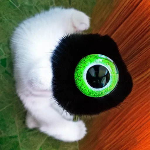 Image similar to white and black cat with green eyes setting planet earth on fire, fisheye lens, paws on top of planet