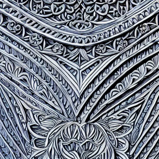 Prompt: single line drawing of an intricate carved woodwork, blue ink pen