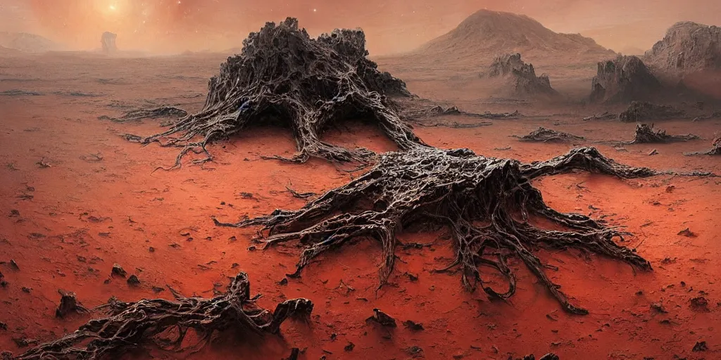 Image similar to supernova, alien surface planet covered with black tree roots, red desert mars, norilsk, painted by ruan jia, raymond swanland, lawrence alma tadema, zdzislaw beksinski, norman rockwell, jack kirby, tom lovell, alex malveda, greg staples, steve mccurry