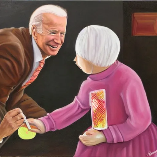 Image similar to a painting of joe biden stealing a lolly from a child