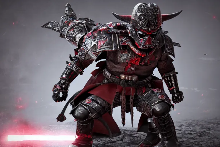 Image similar to a battle - hardened samurai demon warlord vader with sinister kabuto and terrifying men - yoroi mask, with armor intricately engraved with glowing red ancient rune symbols, and adorned with demon skulls, by ayami kojima, unreal engine 5, octane render, 3 d