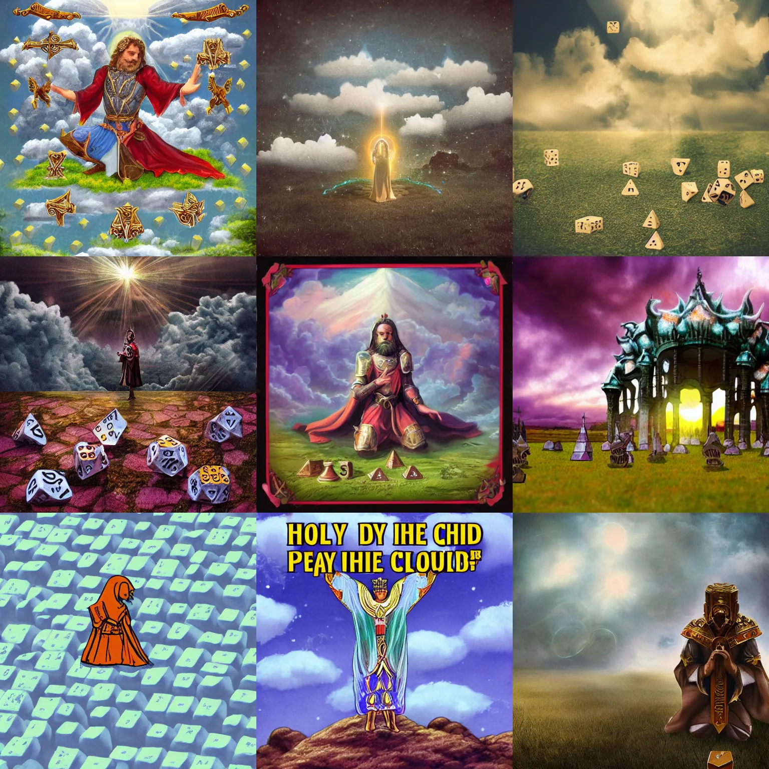 Prompt: holy dice in the clouds, on the ground are people dressed in fantasy armor, kneeling in prayer