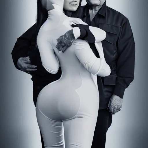 Image similar to johnny cash hugging kim kardashian, kim wearing a skintight nurse outfit, real photo, photoshooting, studio light, hospital background, intricate, epic lighting, cinematic composition, hyper realistic, 8k resolution, unreal engine 5