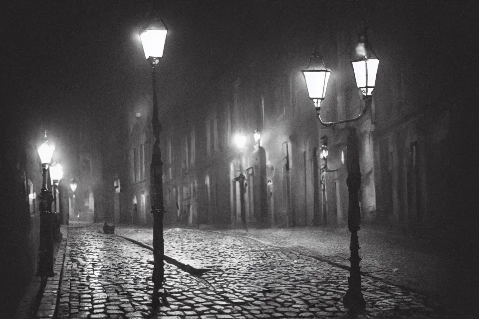 Image similar to wet plate photograph, empty night along cobblestone street in vienna, night time, alone, lamplight, victorian era, depth of field, very detailed, fog, highly accurate, intricate