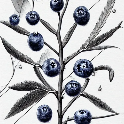 Prompt: botanical drawing of blueberry bush. Traditional art. Rustic. Nordic. Trending on artstation. Detailed. Bushy. Nature. Artistic.