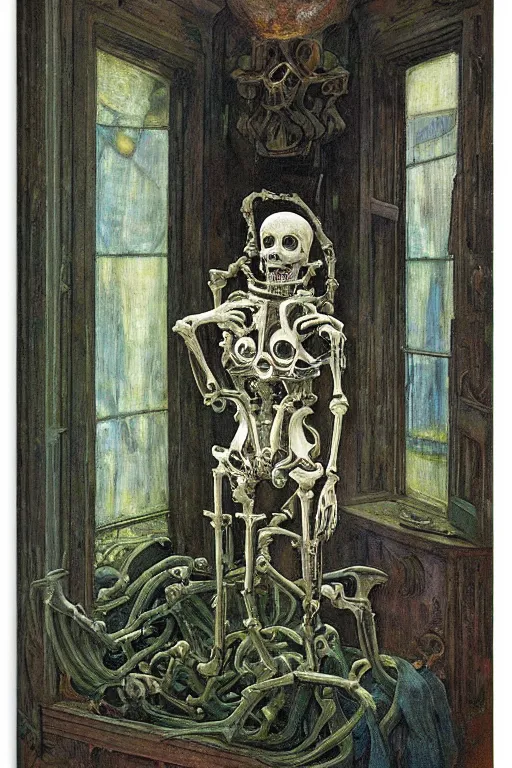 Image similar to the robot queen of bones and her lantern by the window,by Annie Swynnerton and Diego Rivera and Elihu Vedder, symbolist, dramatic lighting, elaborate geometric ornament, Art Brut, soft blues and greens,smooth, sharp focus, extremely detailed, Adolf Wölfli