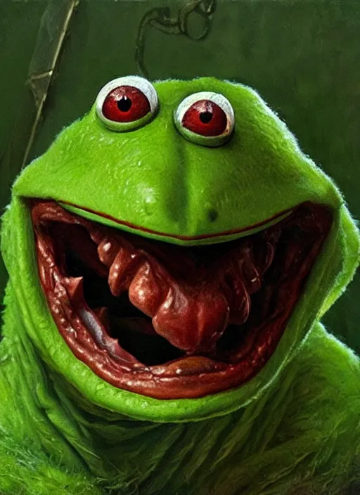 Image similar to portrait of Kermit the frog in Evil Dead (2013), highly detailed, centered, solid color background, digital painting, artstation, concept art, smooth, sharp focus, illustration, artgerm, donato giancola, Joseph Christian Leyendecker, Les Edwards, WLOP, Basil Gogos, Artgerm