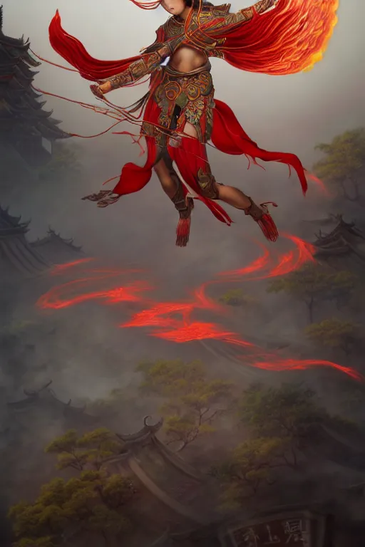 Image similar to nezha flies around swiftly on his wind flame circles in ruin chinese city, masterpiece, chinese mythology, top view, cinematic, fantasy character portrait, highly detailed, by new gods : nezha reborn, nezha : birth of the demon child, ne zha from smite, trending on artstation, concept art, flame everywhere,