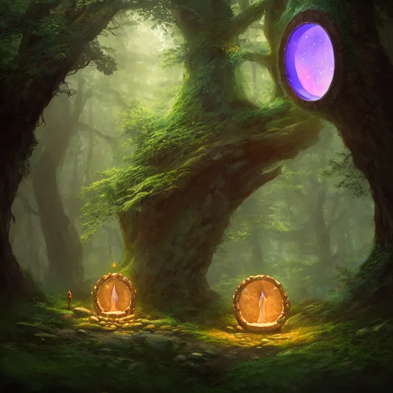 Image similar to Fantasy Magical fairy-tale glowing stone portal in the forest. Round stone portal teleport in trees to other worlds. Fantastic landscape. Magic Altar in the fores, highly detailed, digital painting, artstation, concept art, smooth, sharp focus, illustration, art by greg rutkowski