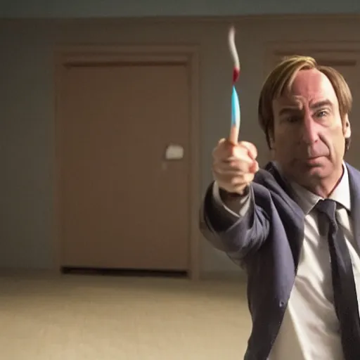 Image similar to saul goodman throwing dart at red ballon, still from better call saul