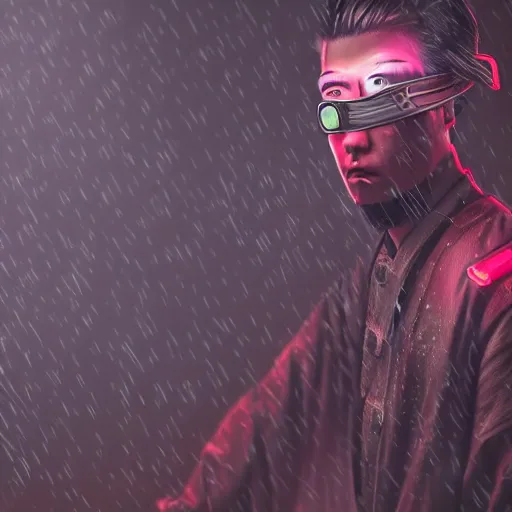 Prompt: realistic detailed portrait of a lone samurai with prosthetic hands, a purple blindfold and a high-tech katana behind his back, clothing in dark deep colors, cyberpunk style, rainy weather and evening, neon lights, 4K, masterpiece