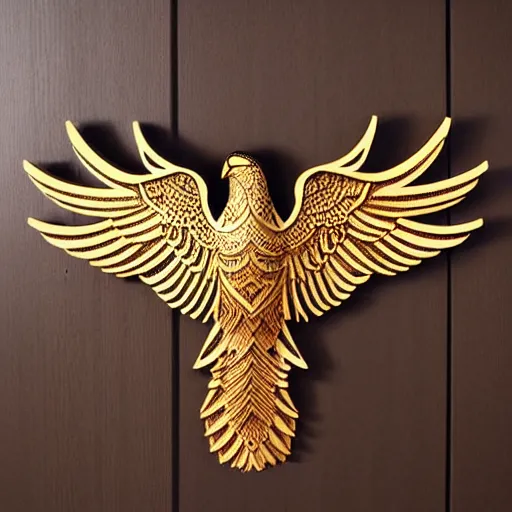 Image similar to gorgeous ornated wooden realistic detailed sacred falcon wall decoration with golden filigree led