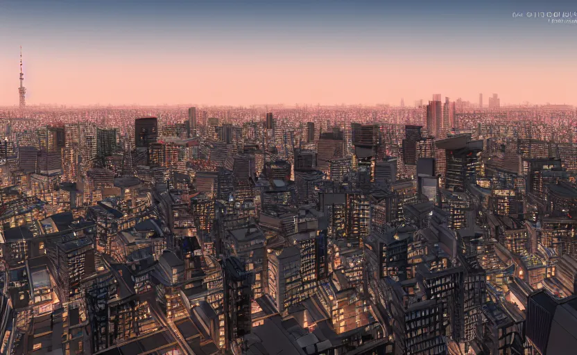 Image similar to unreal engine 5 hdr render of tokyo city from a rooftop view, sunset lighting, hyper realism, realistic shading, cinematic composition, blender render, octane render, hdr, detailed textures, photorealistic, ultrawide shot, 1 6 mm lens