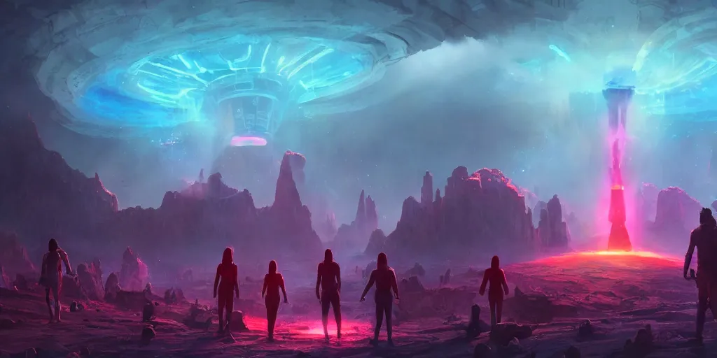 Prompt: ancient alien portal, large crowd of androids, android close to camera, beams of light from sky, matte painting, electric sky, dreamscape, stars, global illumination, the great beyond, pilgrimage, trending on artstation, color palette of movie mandy 2 0 1 8
