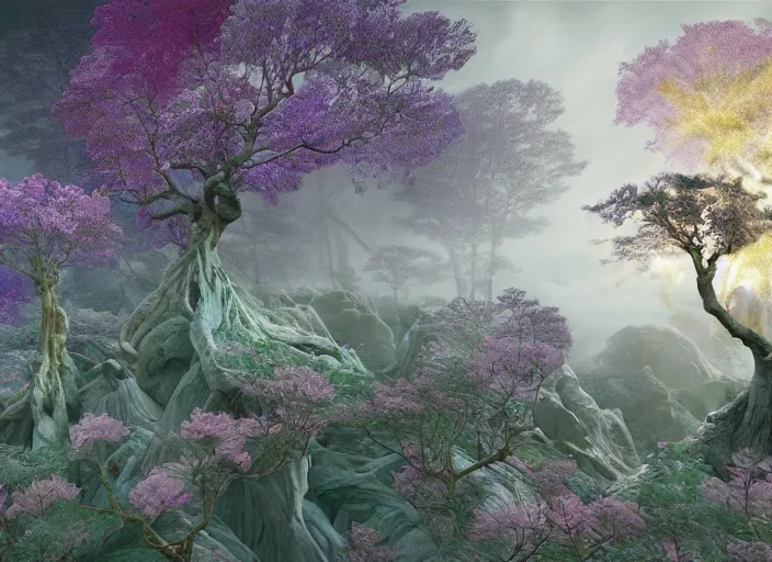 Image similar to idealistic marble statues with fractal flowery hair, seen from behind, in a magical forest, painted by, mc escher, gordon onslow ford, georgia o'keeffe and ivan aivazovsky, cinematic light, god rays, colourful, unreal engine, zbrush central,