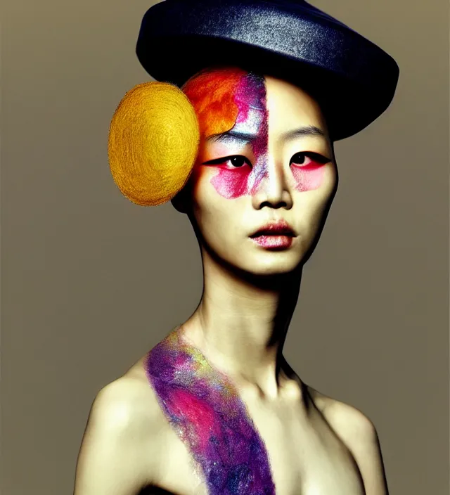 Prompt: photography facial portrait of fei fei sun, natural background, natural pose, wearing stunning hat by iris van herpen, with a colorfull makeup. highly detailed, skin grain detail, photography by paolo roversi, nick knight, helmut newton, avedon, araki