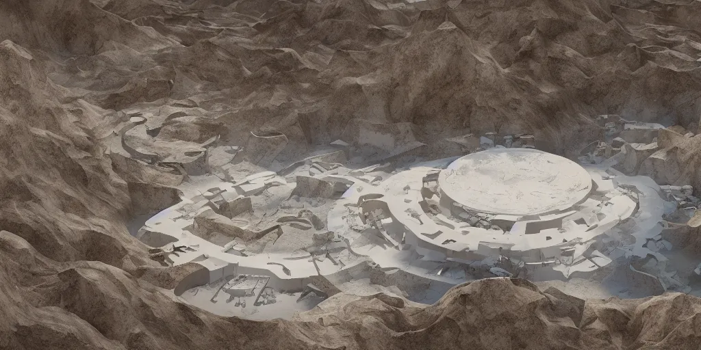 Prompt: perspective view render of a bioremediation white architecture in the mining tailing in the desert, smooth, rossdraws, norman rockwell, emiliano ponzi, epic composition, hd, octane, unreal engine, volumetric lighting, light rays, masterpiece, award - winning