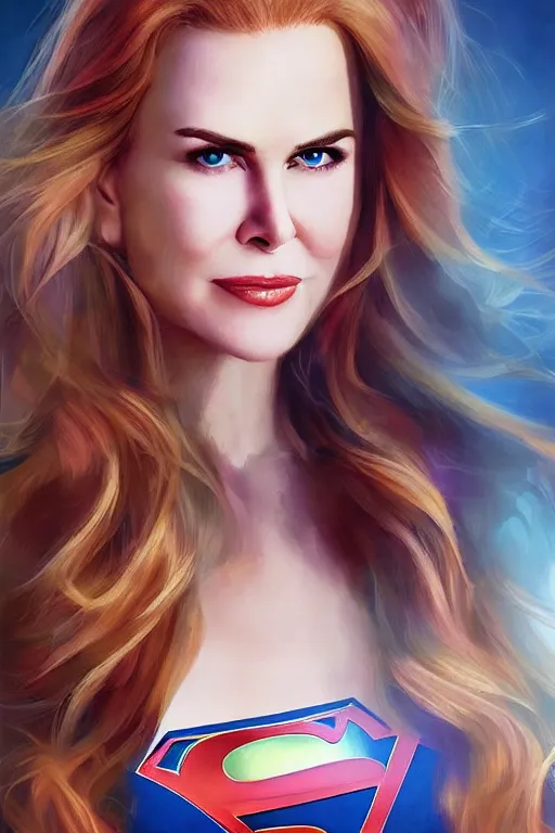 Image similar to portrait of a mix of beautiful young nicole kidman, maria shriver, mariel hemmingway, brooke shields and elle macpherson as supergirl, thin lips, hair tied up in a pony tail, colorful artstation, cgsociety