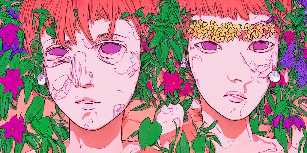 Prompt: risograph grainy painting of running man anime - like hero girl protagonist face, dull colors, with huge earrings, face covered with plants and flowers, by moebius and dirk dzimirsky and satisho kon, latex, close - up wide portrait, hyperrealistic