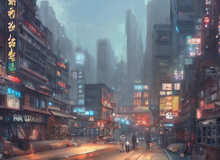 Prompt: a painting of a city street with buildings and signs, a detailed matte painting by ji sheng, cgsociety, american scene painting, anime aesthetic, y 2 k aesthetic, cityscape