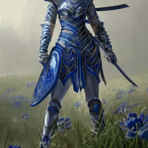 Prompt: young blonde female warrior in heavy blue and white armor, very beautiful and proportional face, surrounded by rabbits and exotic creatures, epic wallpaper, wide shot, high fantasy, flowers and trees, intricate detail, digital painting, artstation, concept art, smooth, sharp focus, illustration, art by monia merlo and wlop and artgerm and craig mullins