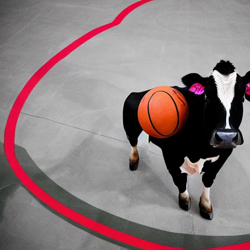 Image similar to a cow dribbling a basketball, cow, dribbling, basketball, award winning, photography, dramatic angle