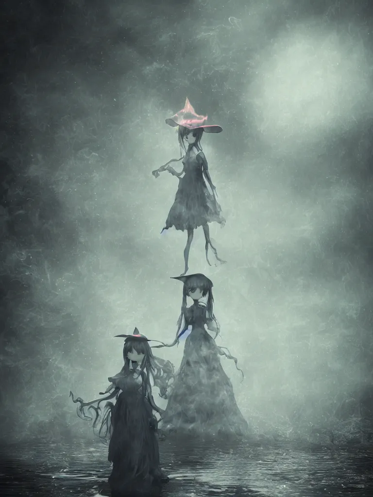 Image similar to cute fumo plush girl witch standing in reflective murky ghastly river water, otherworldly gothic horror maiden in tattered cloth, hazy heavy swirling murky volumetric fog and smoke, moonglow, lens flare, vray