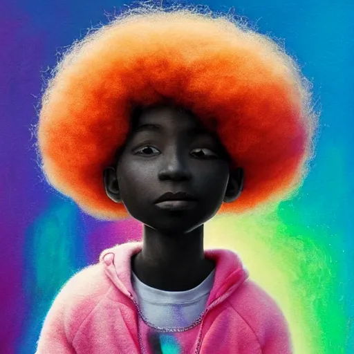 Prompt: a black boy with a colorful afro and big cute! eyes, dressed like an astronaut in a field of cotton candy, bokeh, bright colours, watercolor, volumetric wool felting, macro photography, children illustration, by goro fujita