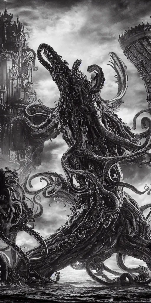 Image similar to extra wide view. Kraken. marvellous magic. Ominous. Gothic medieval baroque. Dry ground cracks. Cinematic. Epic composition. Realistic cinematography. Hyper-detailed. 8k