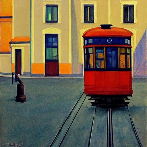 Image similar to street art. paralyzed by the indescribable beauty of the cosmos. amazing view of the tram from lisbon. art style by edward hopper daring, incredible