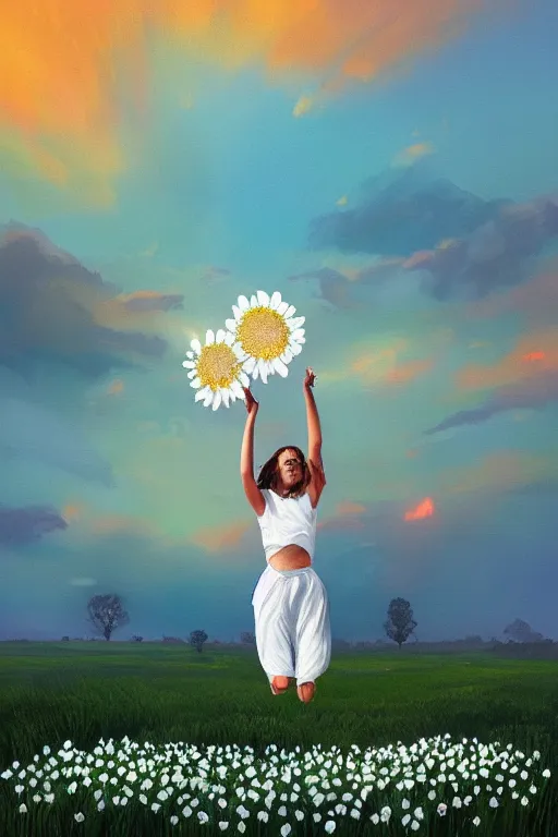 Prompt: giant white daisies flower as head, girl jumping in a flower field, surreal photography, sunrise, dramatic light, impressionist painting, colorful clouds, digital painting, artstation, simon stalenhag
