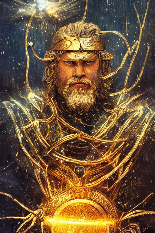 Image similar to mythological odin all father god of thunder and artificial intelligence creating himself with an artificial neural network with gold synapses on an anvil, high resolution, award winning art, trending on art station, sharp image, incredibly detailed, detailed character realistic painting